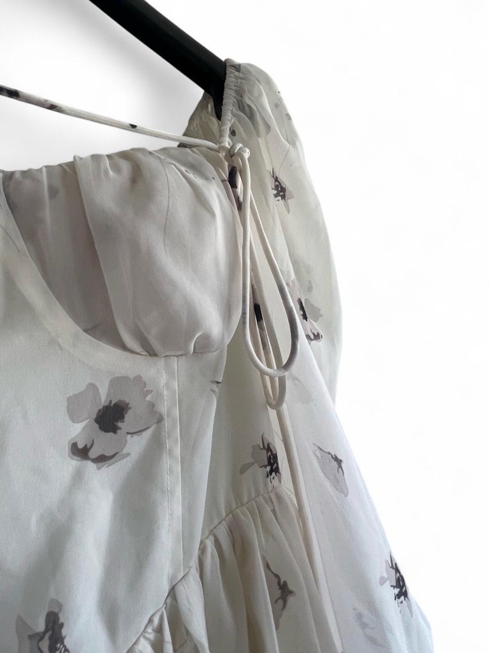 K-Fashion Floral Chiffon Puff Sleeve Smocked Corset Fairy Mini Dress | Cream M - Picture 10 of 16